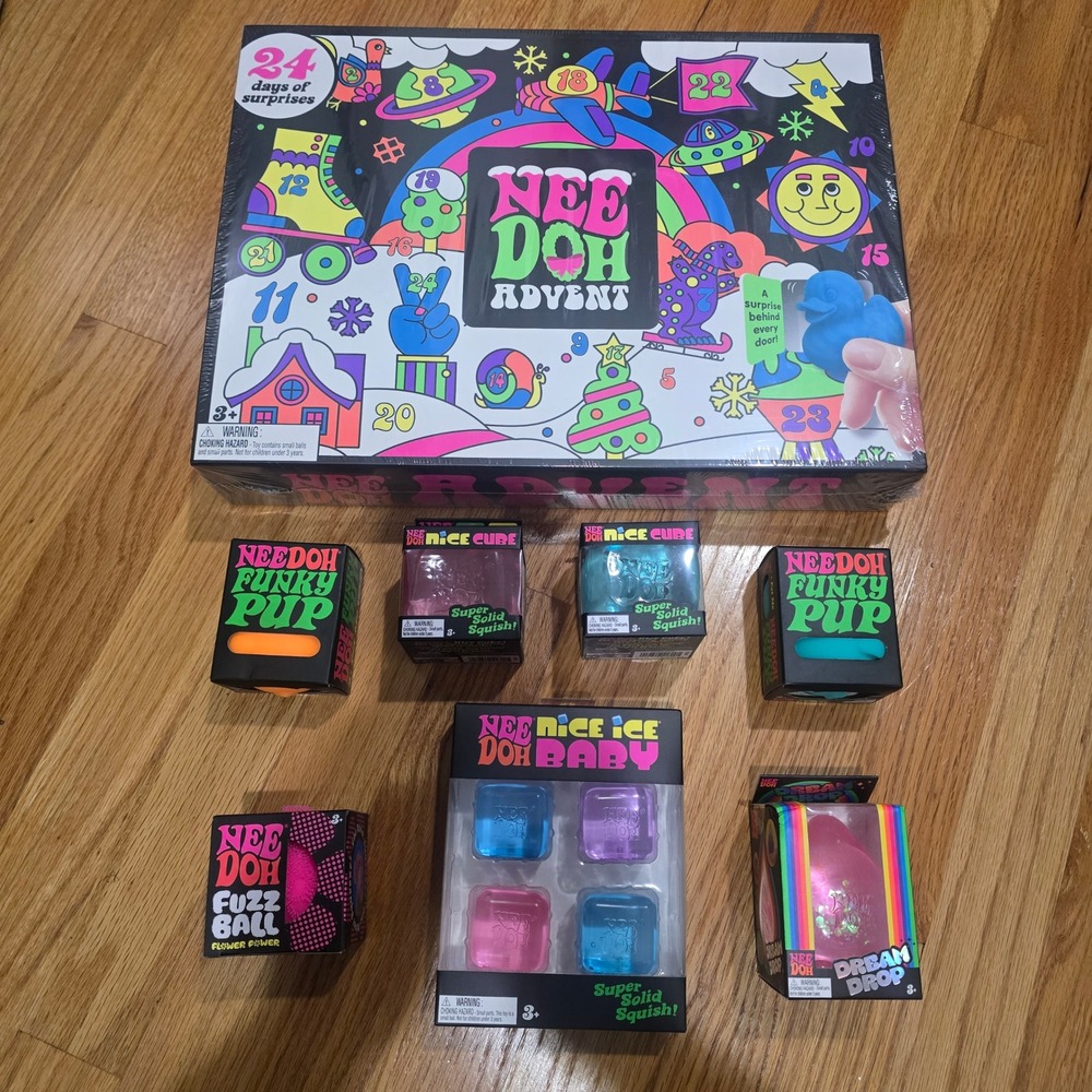 NeeDoh Advent Calendar Bundle with Nice Cube Funky Pup Fuzz Ball Dream Drop Lot